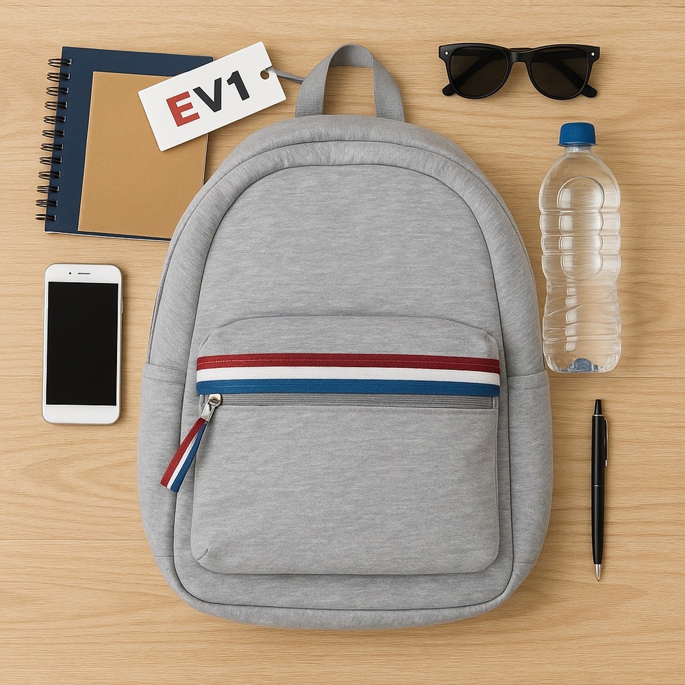 EV1 Gray Backpack with Red, White & Blue Stripe Accent